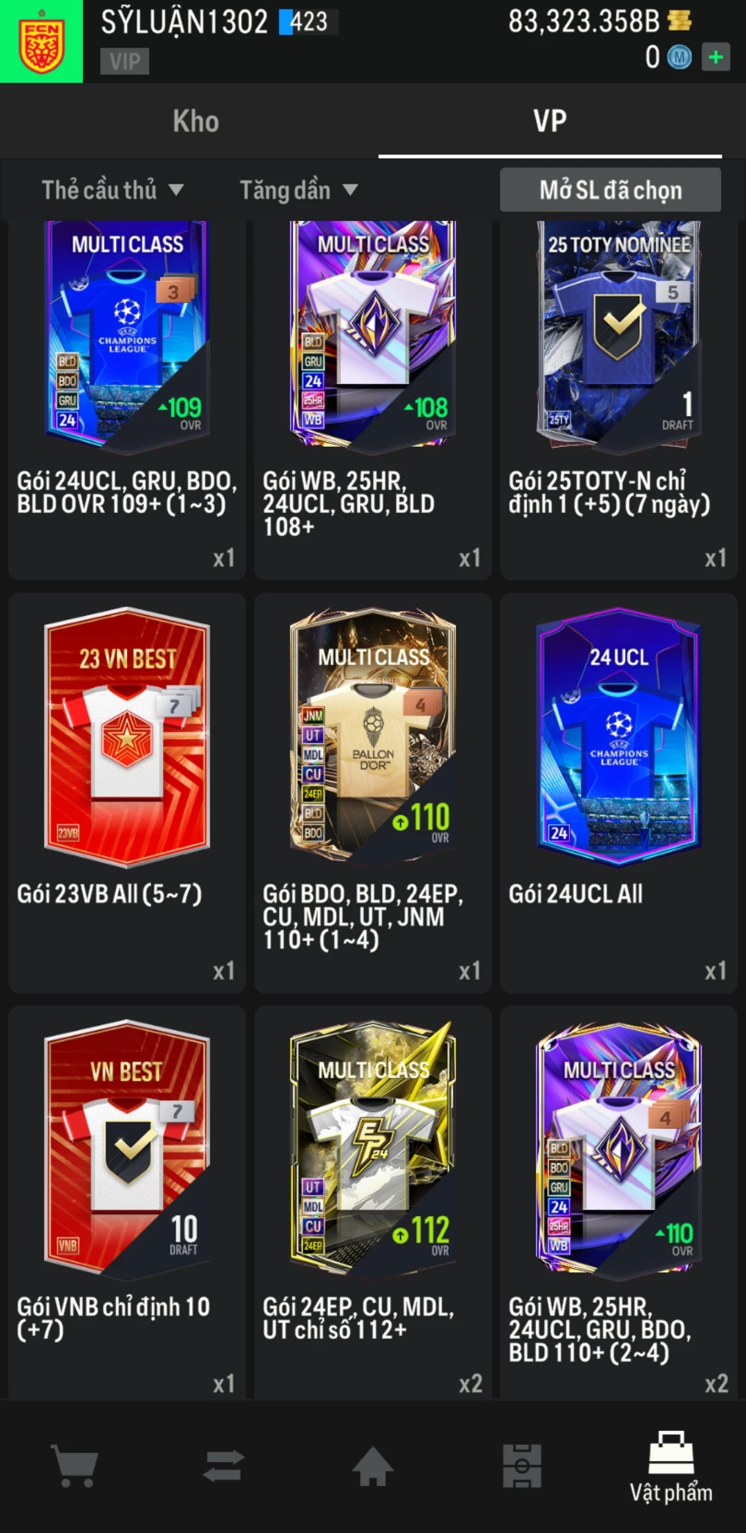 Ảnh ACC mở thẻ (LOẠI SVIP PROMAX) bao gồm có 01 thẻ +12, 03 thẻ PRIME (QH+, CP+, XS+) và hơn 1600+ đến 3500+ thẻ cầu thủ từ Siêu sao đến Miền núi các loại. Acc có sẵn BP trắng từ 55.000 tỷ BP đến 90.000 tỷ BP